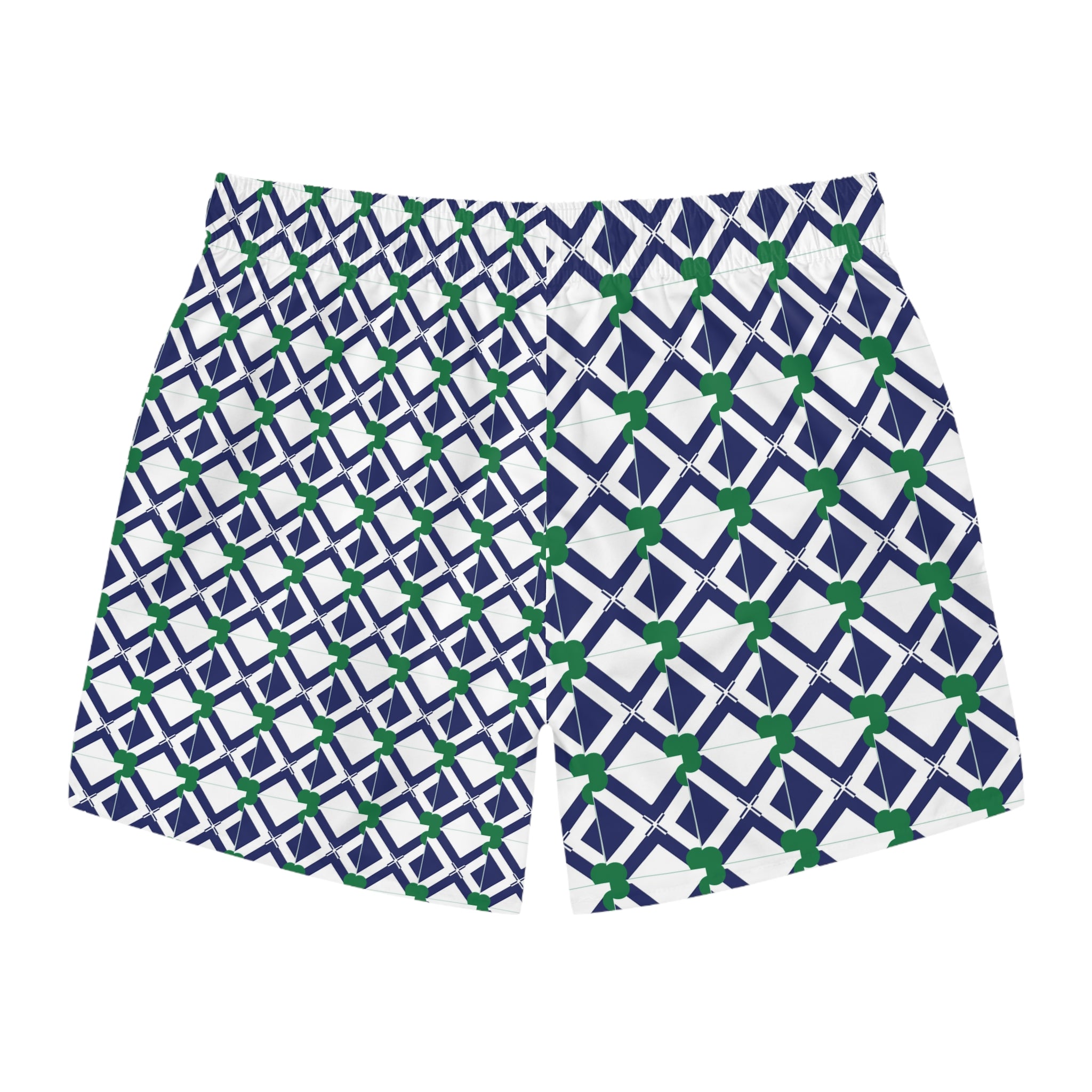 Swim Trunks — Navy Geometric Lattice Pattern with Green Accents