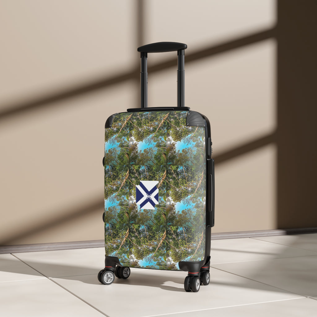 Nature Kaleidoscope Carry-On Suitcase — Blue Green Tree Pattern with Center Emblem