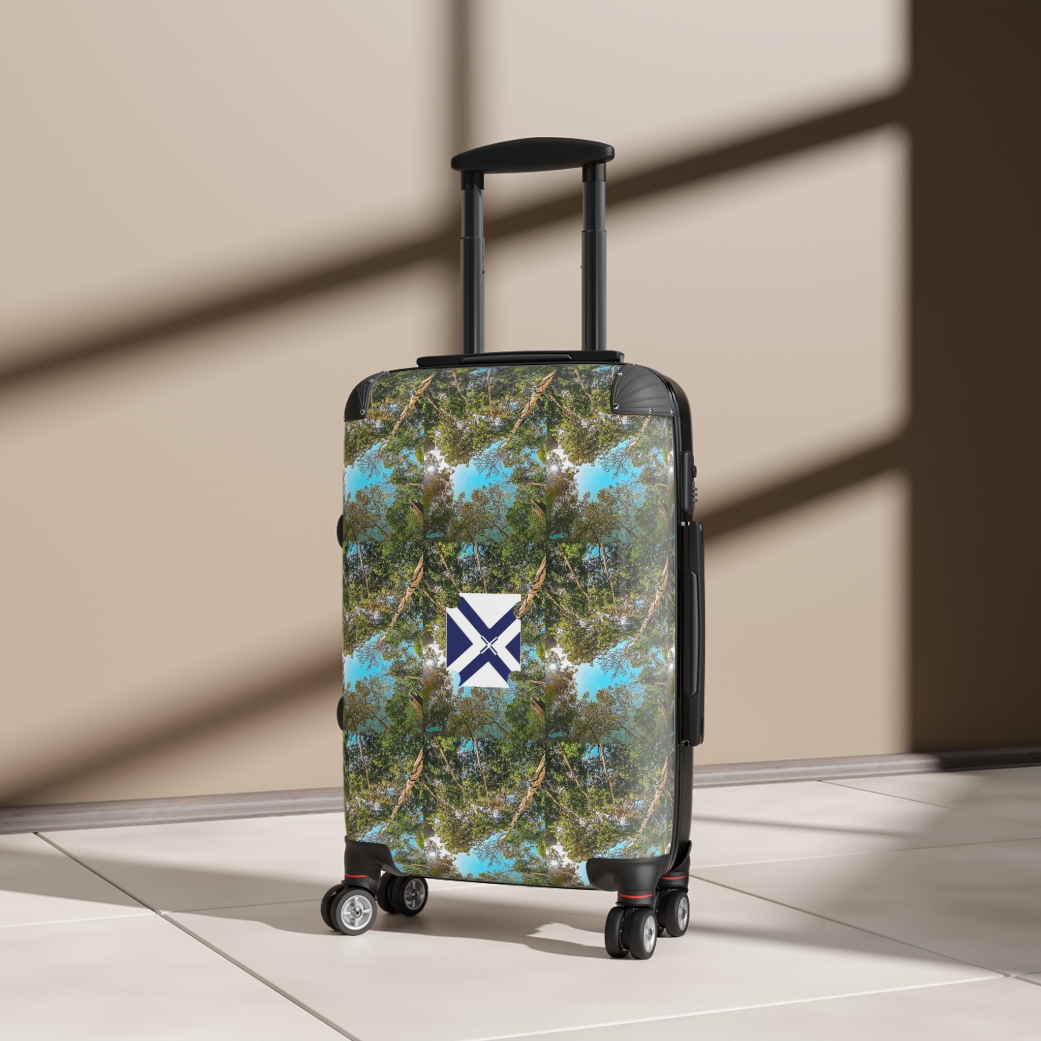 Nature Kaleidoscope Carry-On Suitcase — Blue Green Tree Pattern with Center Emblem