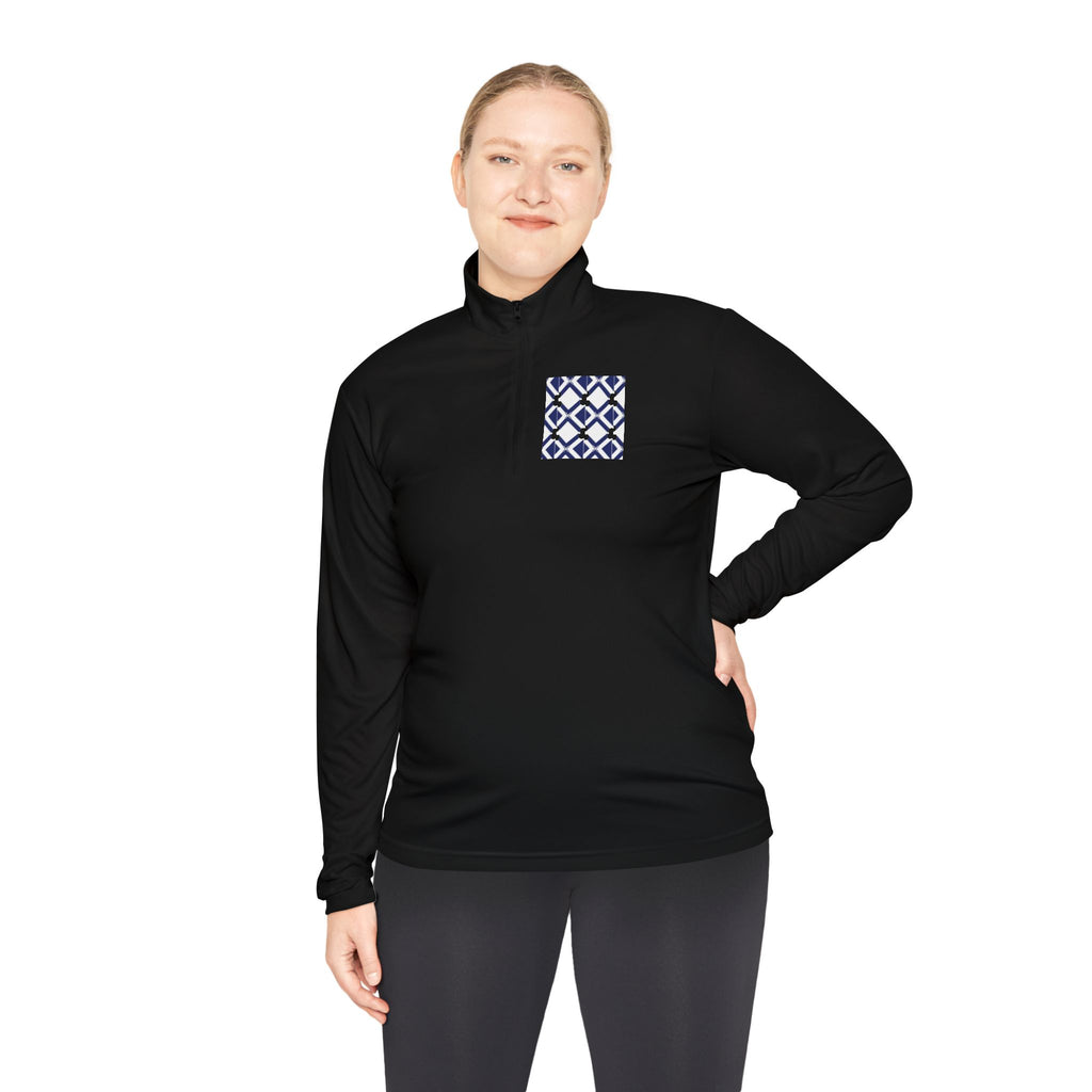 Quarter-Zip Pullover — Navy Geometric Tile Chest Graphic