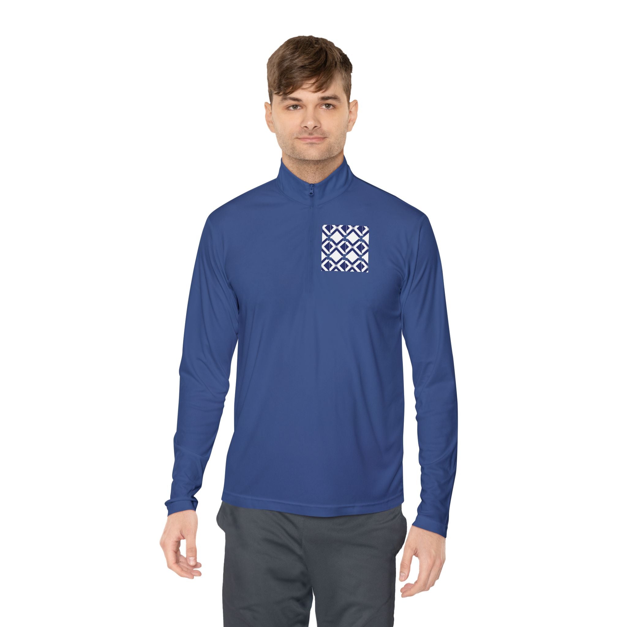 Quarter-Zip Pullover — Navy Geometric Tile Chest Graphic