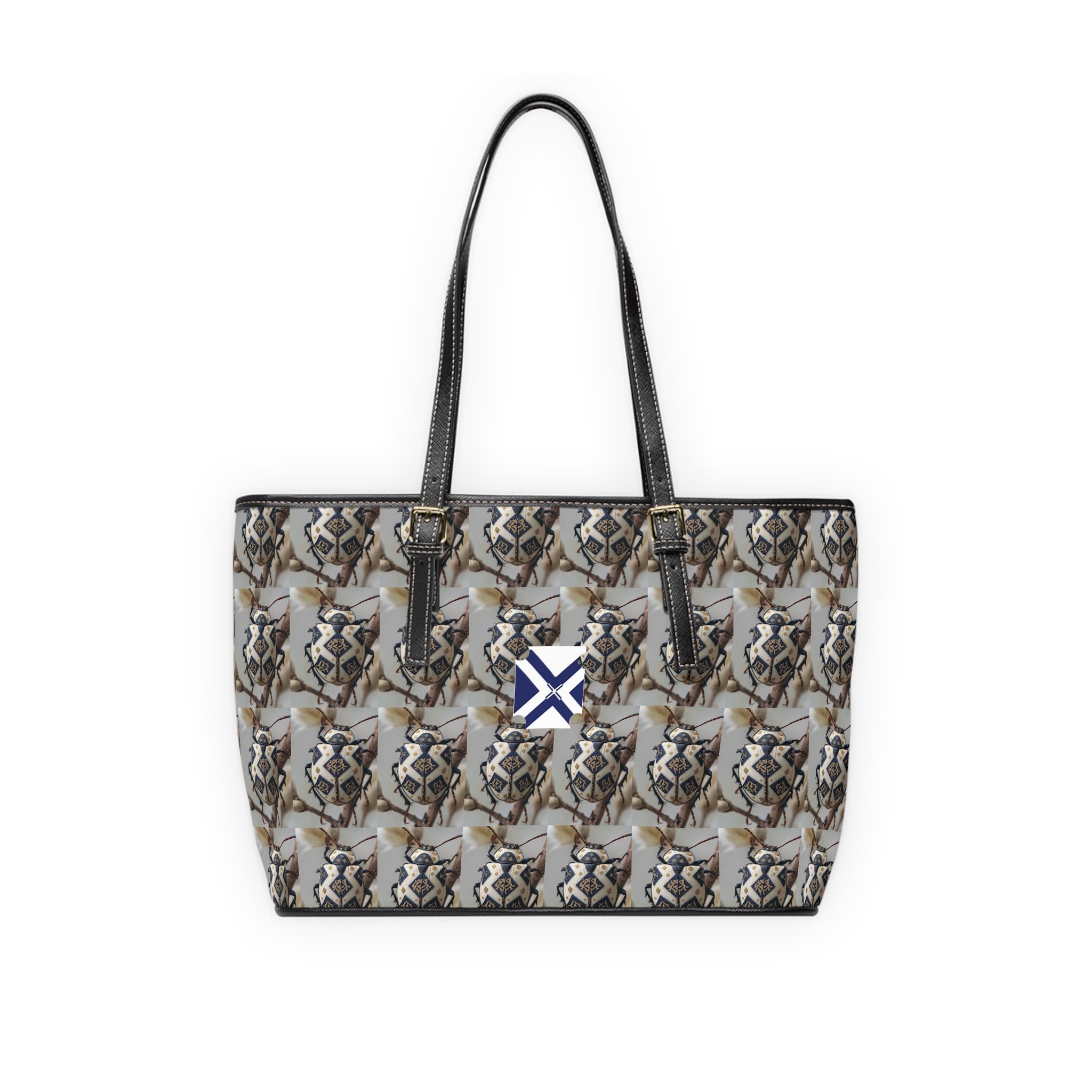 Shoulder Bag - Neutral Geometric Pattern PU Leather Tote