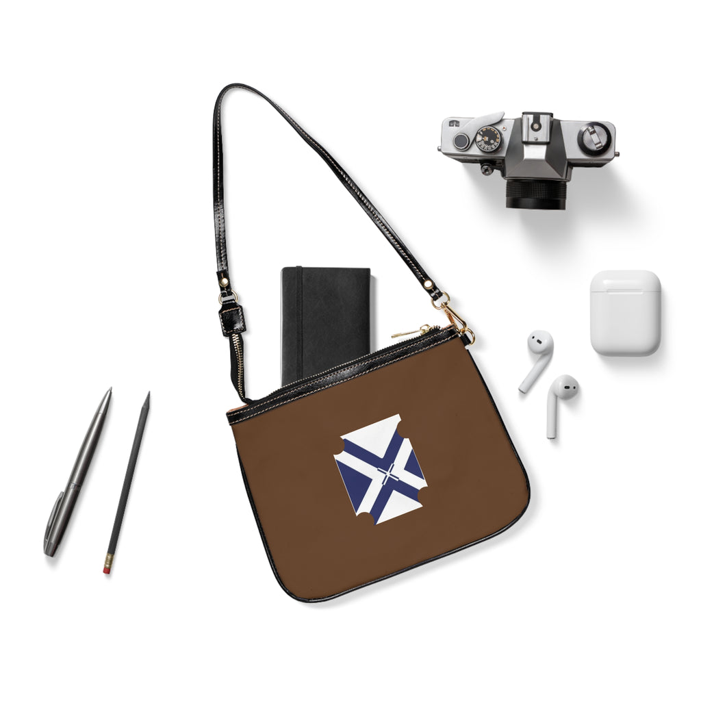 Brown Shoulder Bag with Geometric Blue Cross Emblem