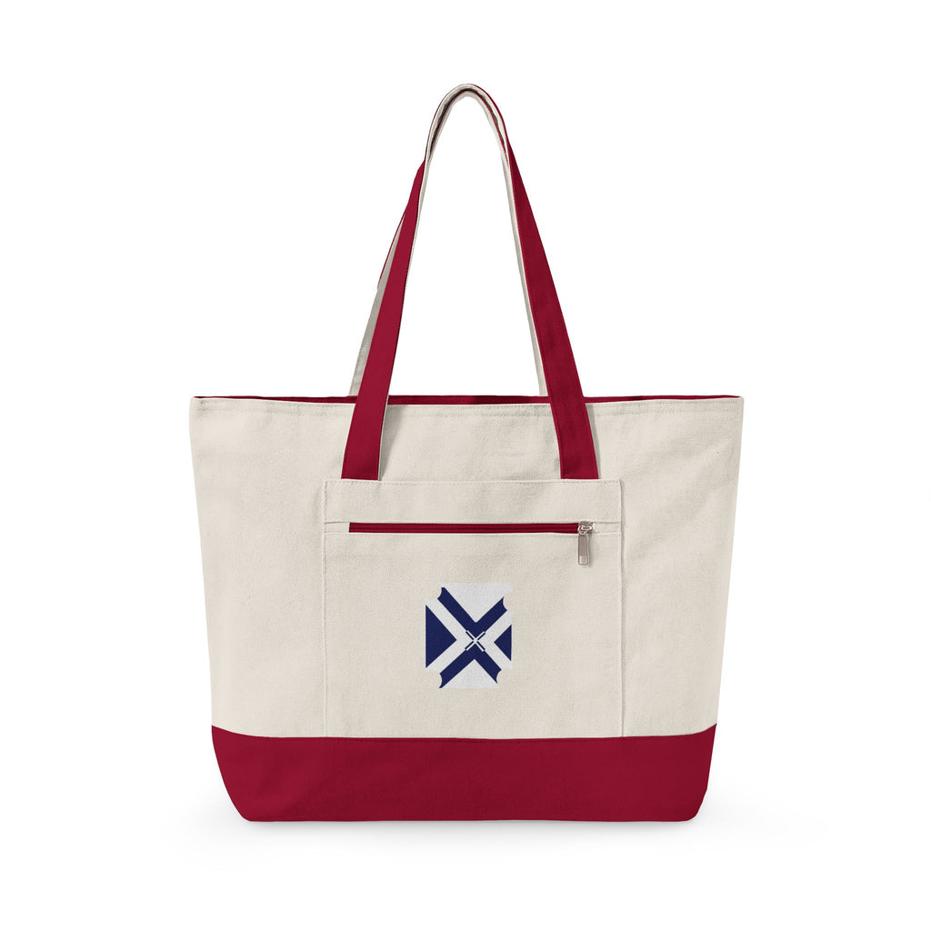 Canvas Tote Bag with Navy Geometric Cross Embroidery — Zippered Everyday Carry