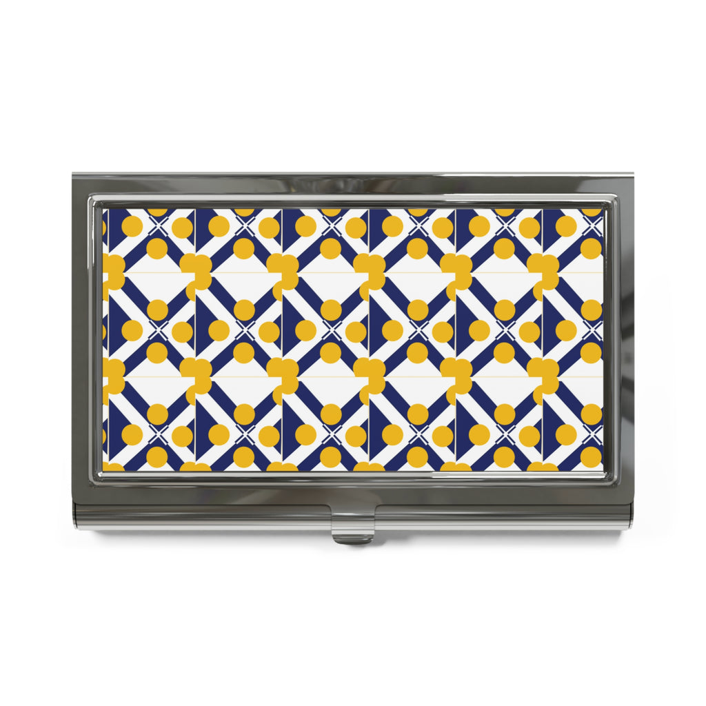 Geometric Mosaic Business Card Holder — Blue & Yellow Tile Pattern