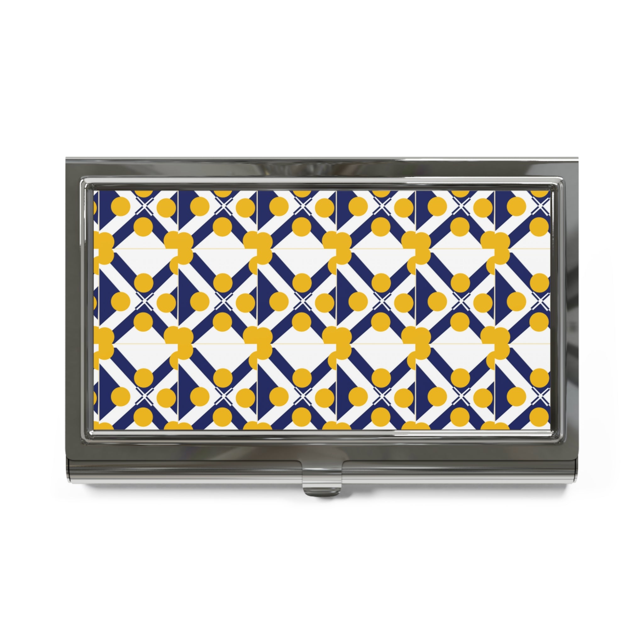 Geometric Mosaic Business Card Holder — Blue & Yellow Tile Pattern