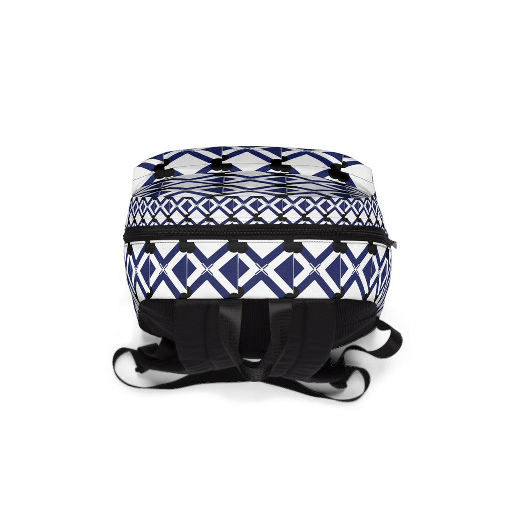 Geometric Navy Lattice Backpack — Modern Blue Pattern School & Travel Bag