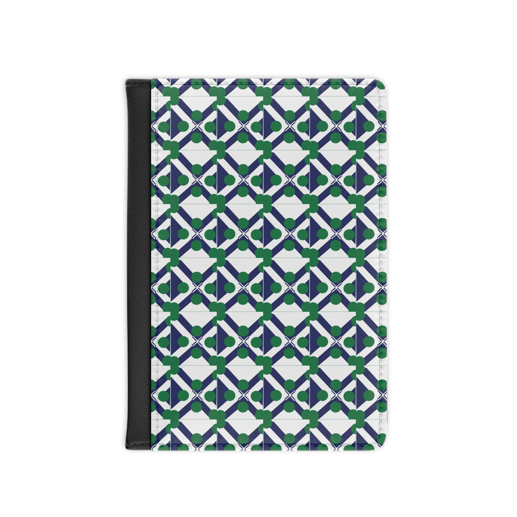 Geometric Green & Navy Passport Cover — Travel Wallet with Modern Tile Pattern