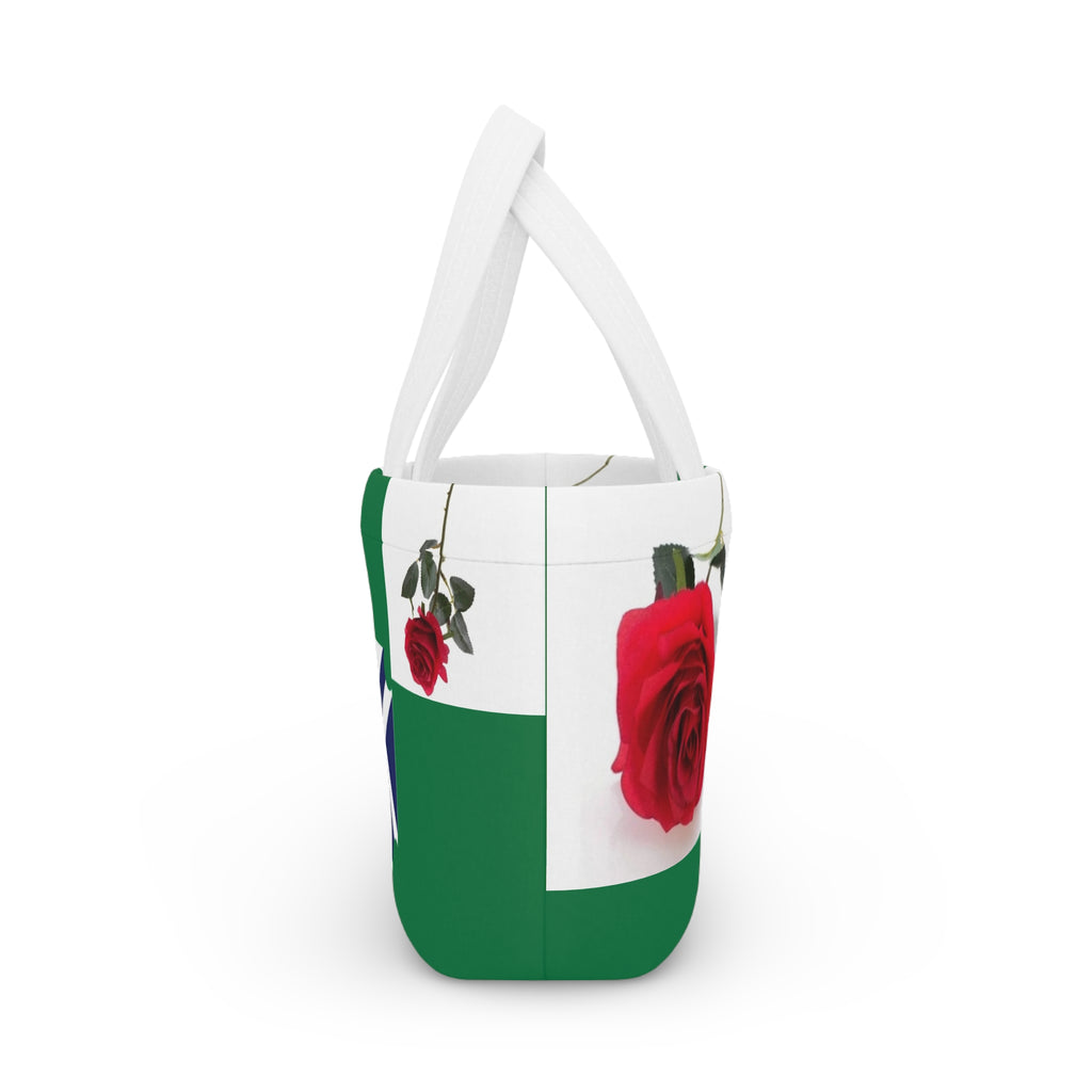 Green Rose Lunch Bag with Nautical Cross Accent — Insulated Floral Tote for Work & School