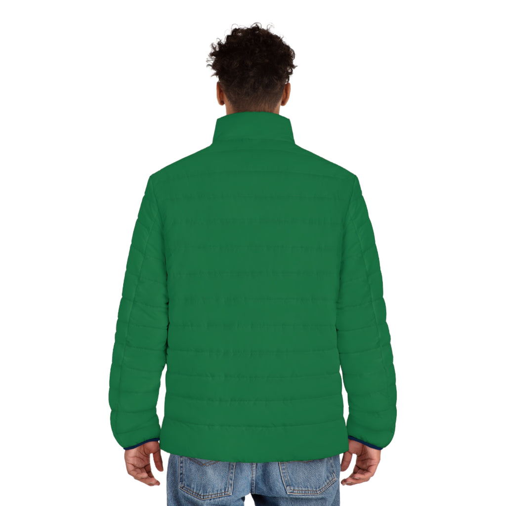 Puffer Jacket — Green Quilted Men’s Coat with Navy-White Cross Emblem