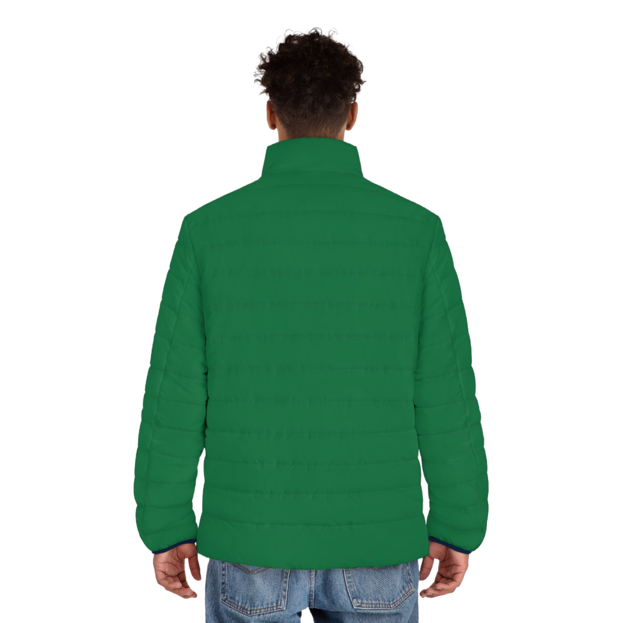 Puffer Jacket — Green Quilted Men’s Coat with Navy-White Cross Emblem