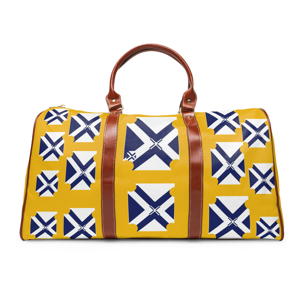XT6 Waterproof Travel Duffel Bag — White Canvas with Brown Leather Trim & Minimal Blue Logo