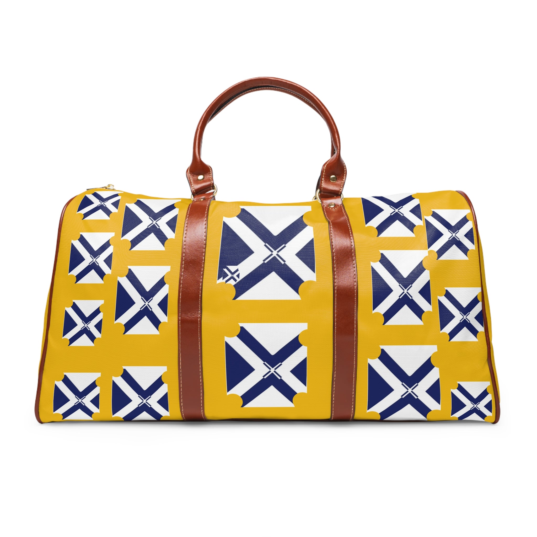 XT6 Waterproof Travel Duffel Bag — White Canvas with Brown Leather Trim & Minimal Blue Logo