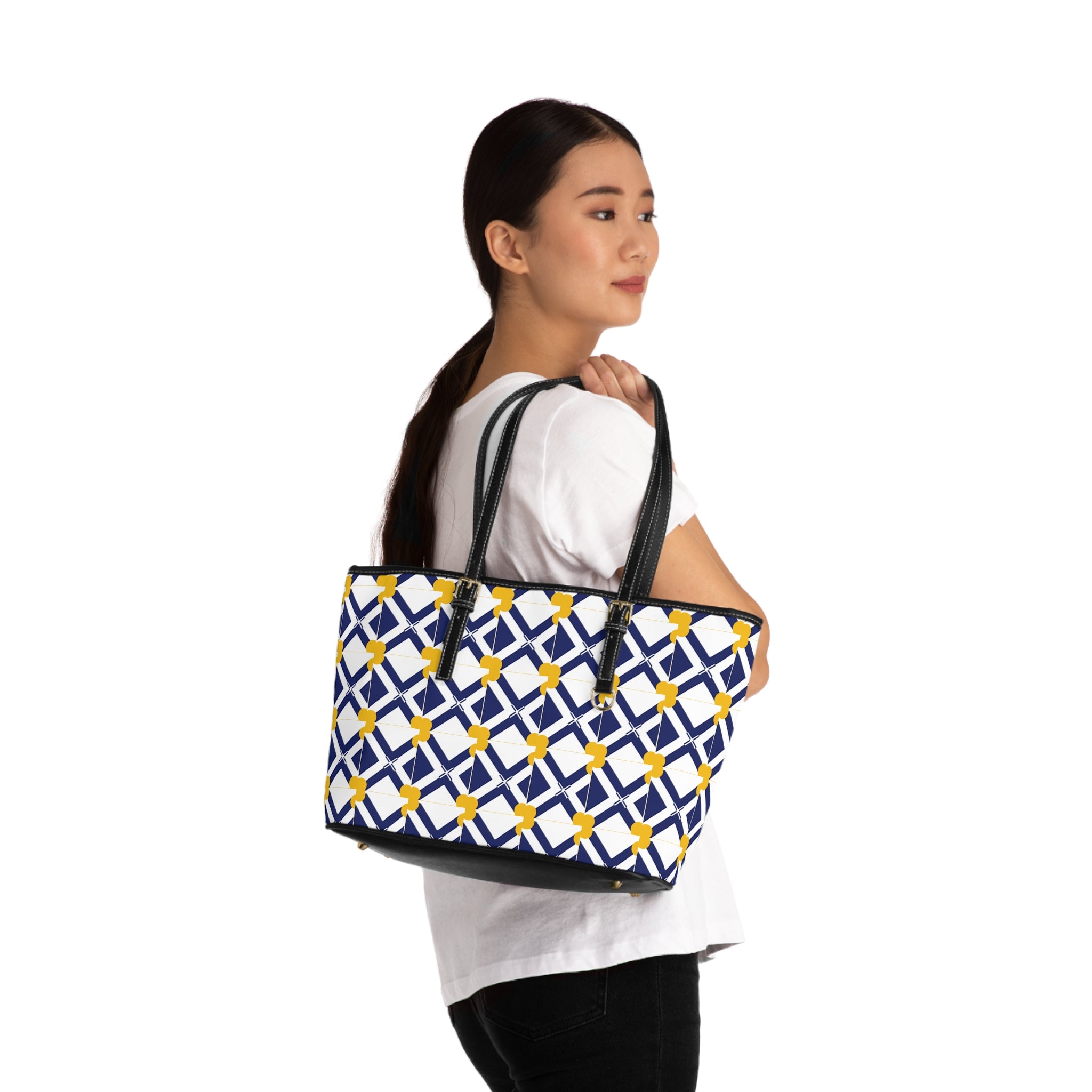 XT8 Leather Shoulder Bag - Navy Geometric Lattice with Yellow Floral Accents Tote