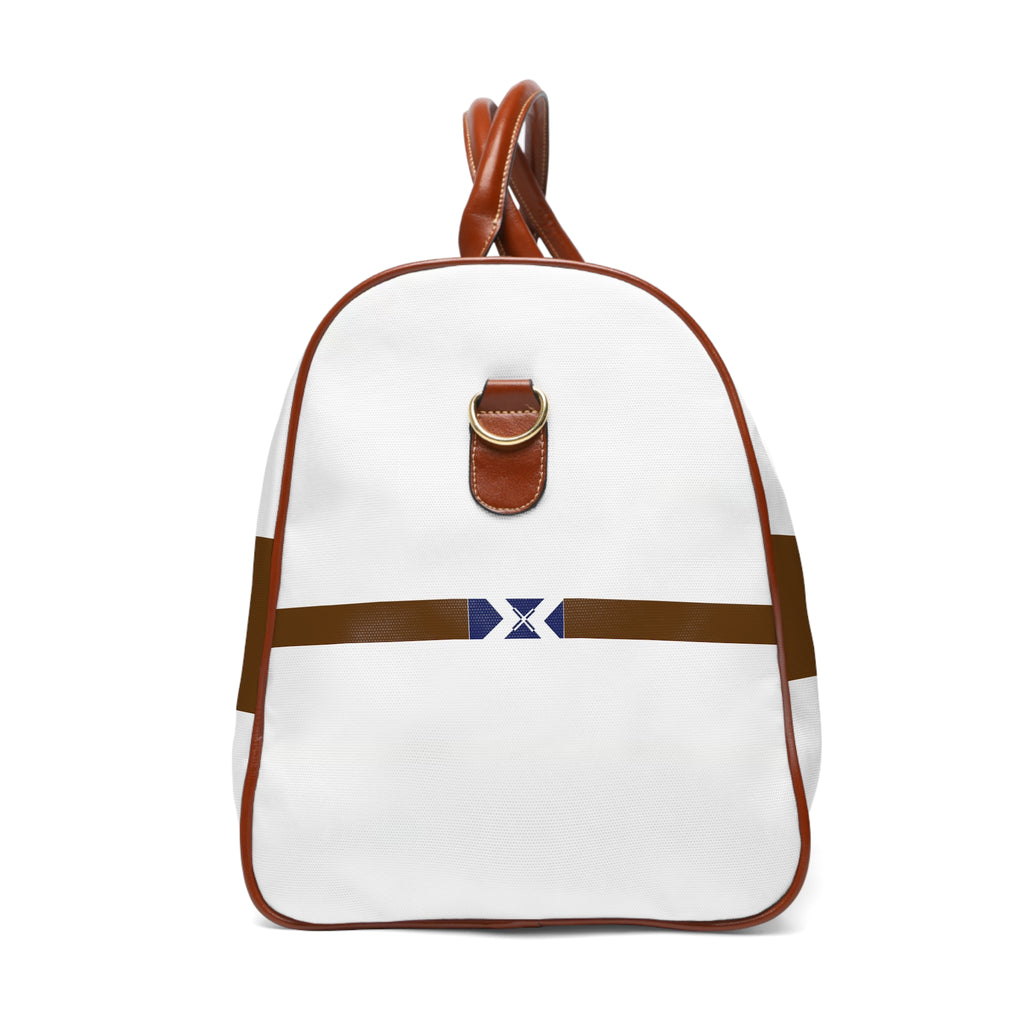 Classic Striped Waterproof Travel Bag — Durable Weekender Duffle with Navy Emblem