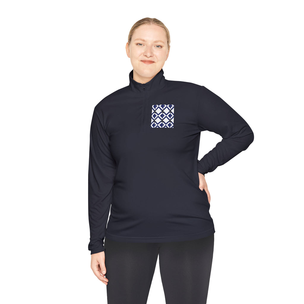 Quarter-Zip Pullover — Navy Geometric Tile Chest Graphic