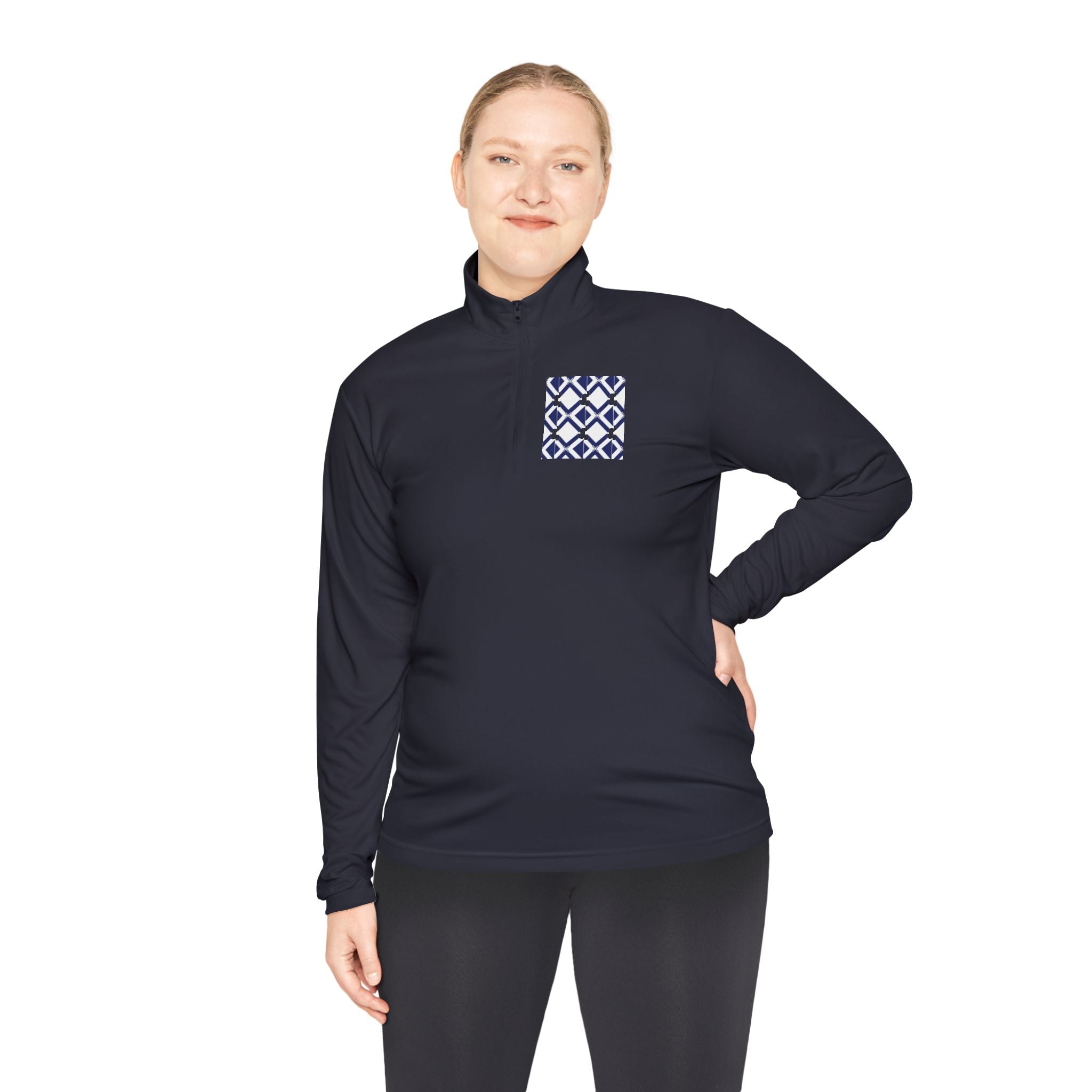Quarter-Zip Pullover — Navy Geometric Tile Chest Graphic