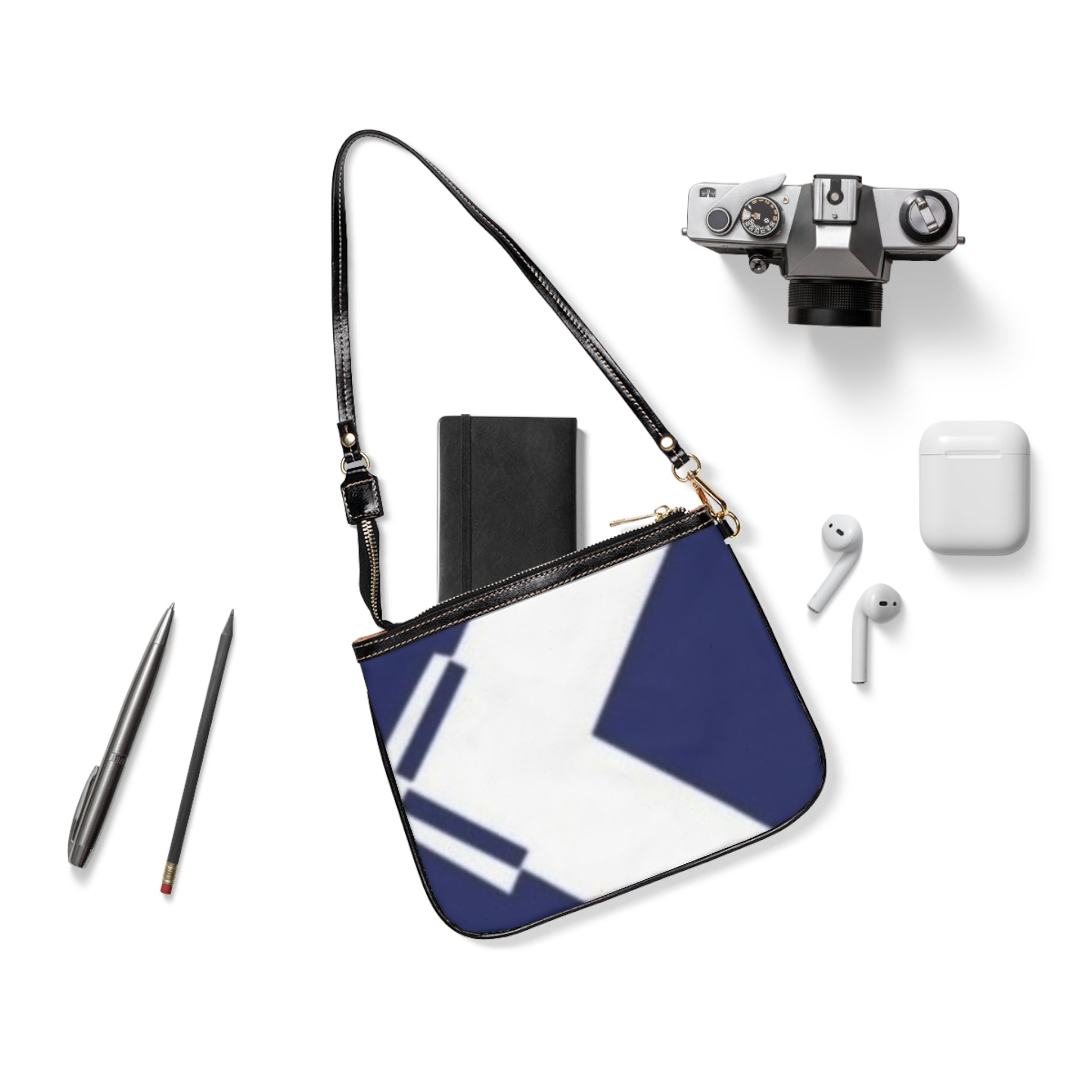 Navy Arrow Small Shoulder Bag — Minimal Geometric Crossbody