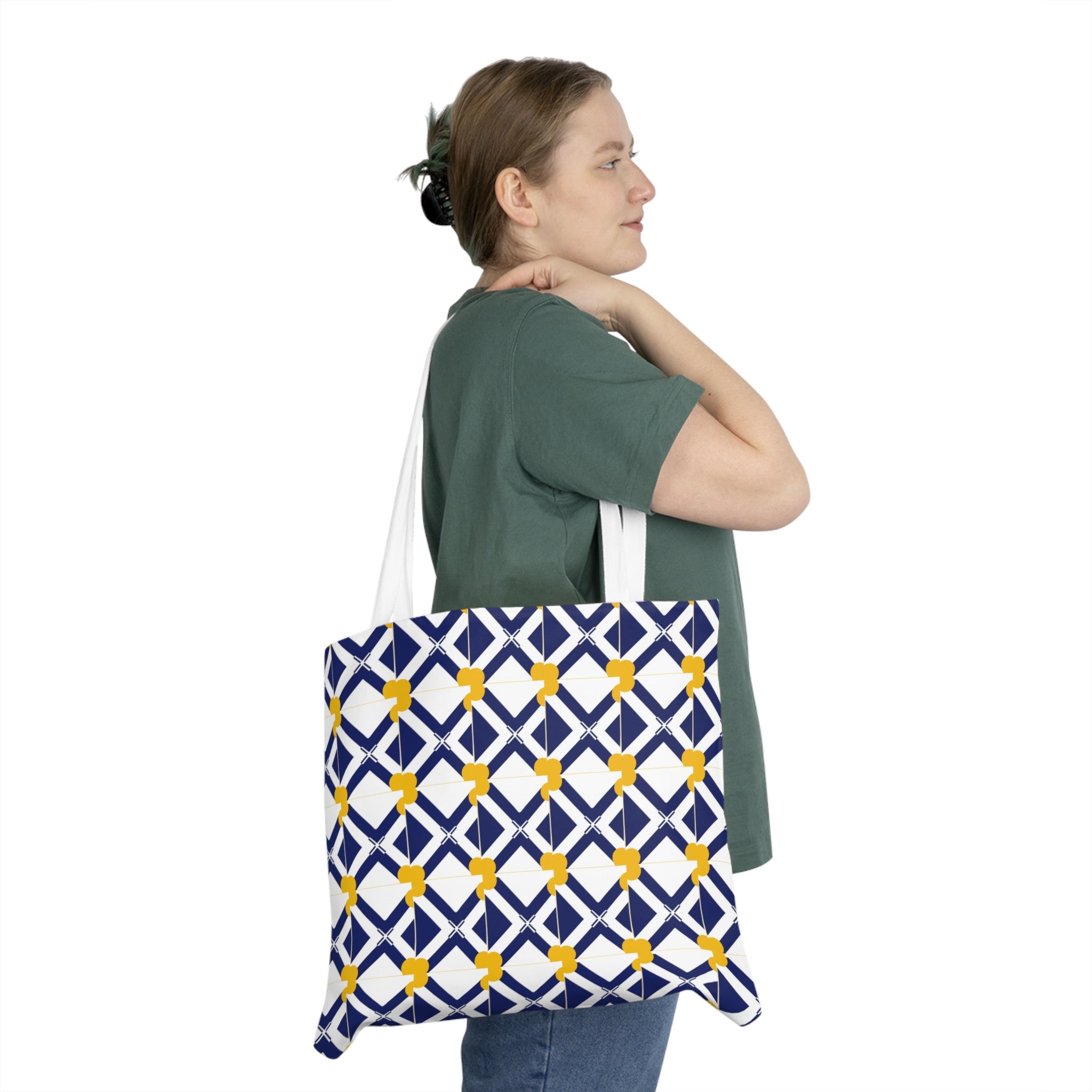 XT8 Navy & Mustard Geometric Shoulder Tote Bag — Patterned Market Bag