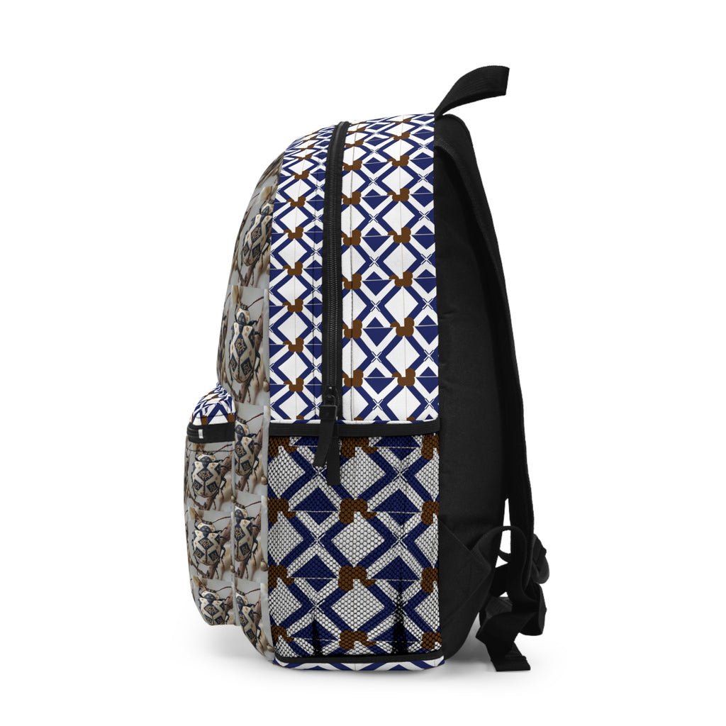 Geometric Neutral Cat Pattern Backpack — Blue & Brown Tiled Print School Bag