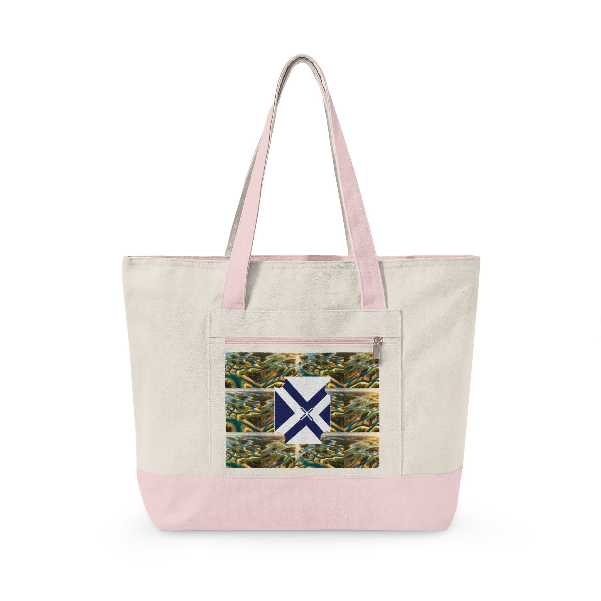 Canvas Tote Bag — Rustic Pine Forest Patch with Navy Saltire