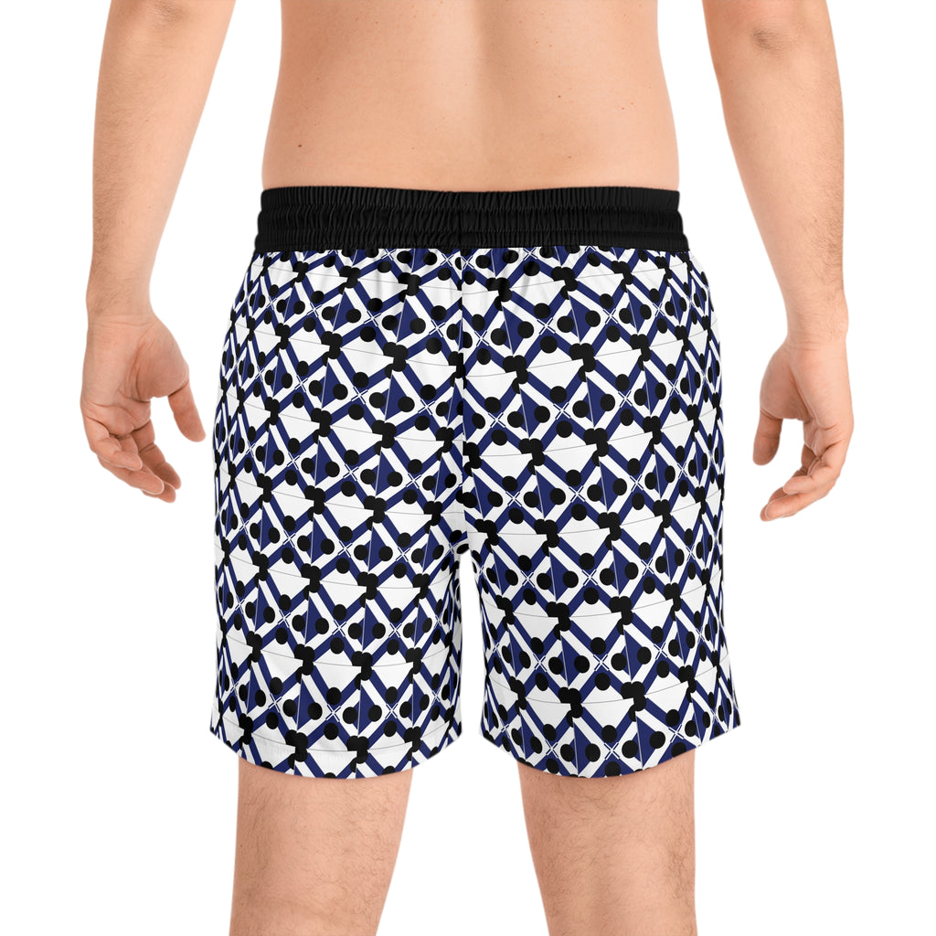 Men's Geometric Navy Lattice Swim Shorts — Mid-Length Beach Trunks