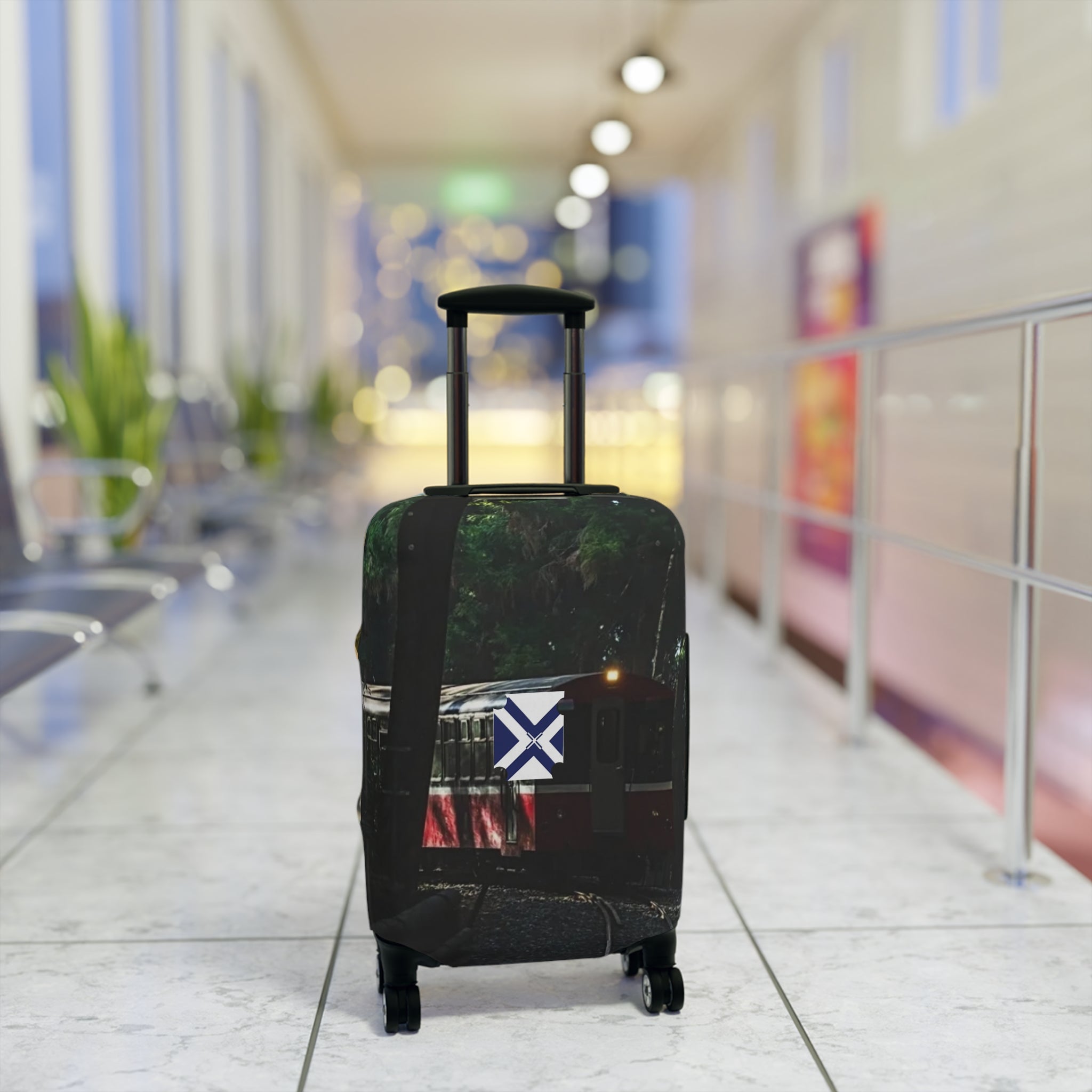 Travel Luggage Cover — Scenic Train & River Landscape Protective Sleeve