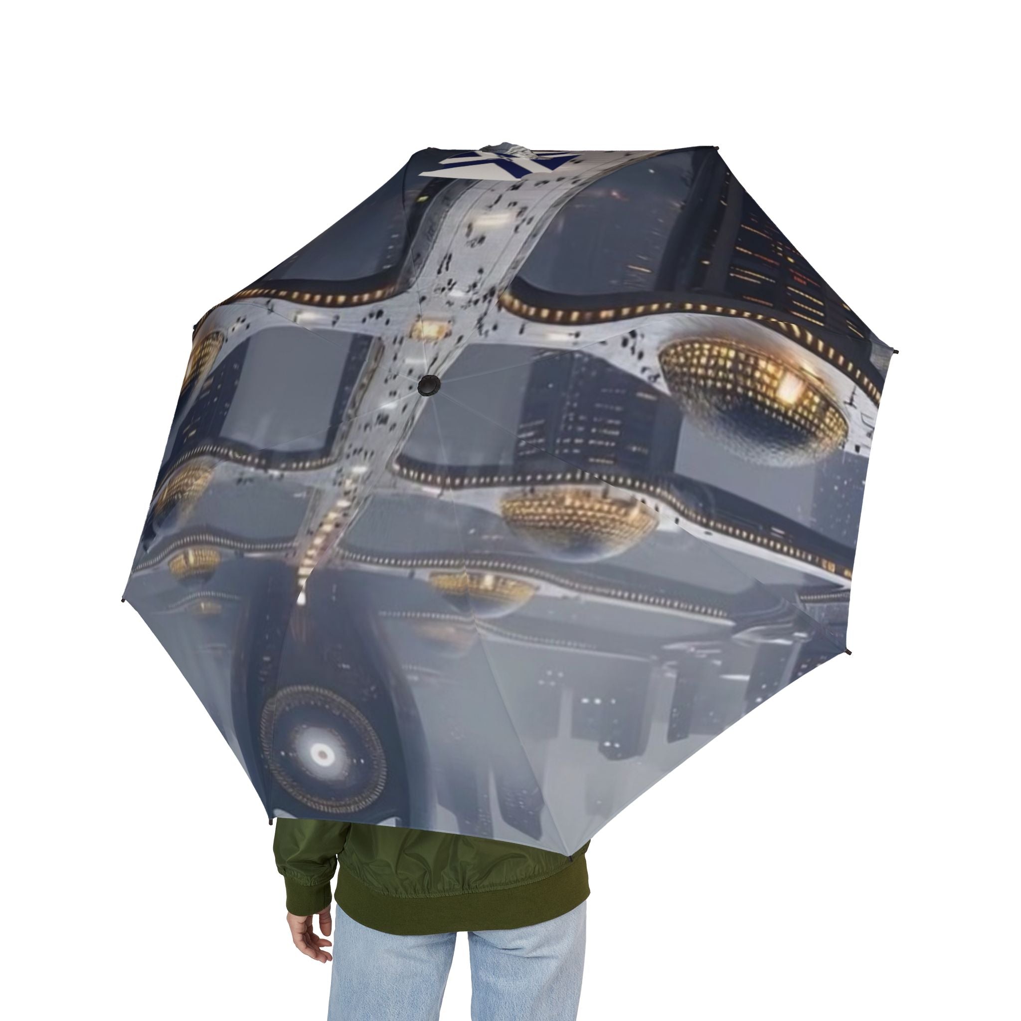 Foldable Umbrella — Night City Lights Pattern, Semi‑Automatic Compact Travel Umbrella