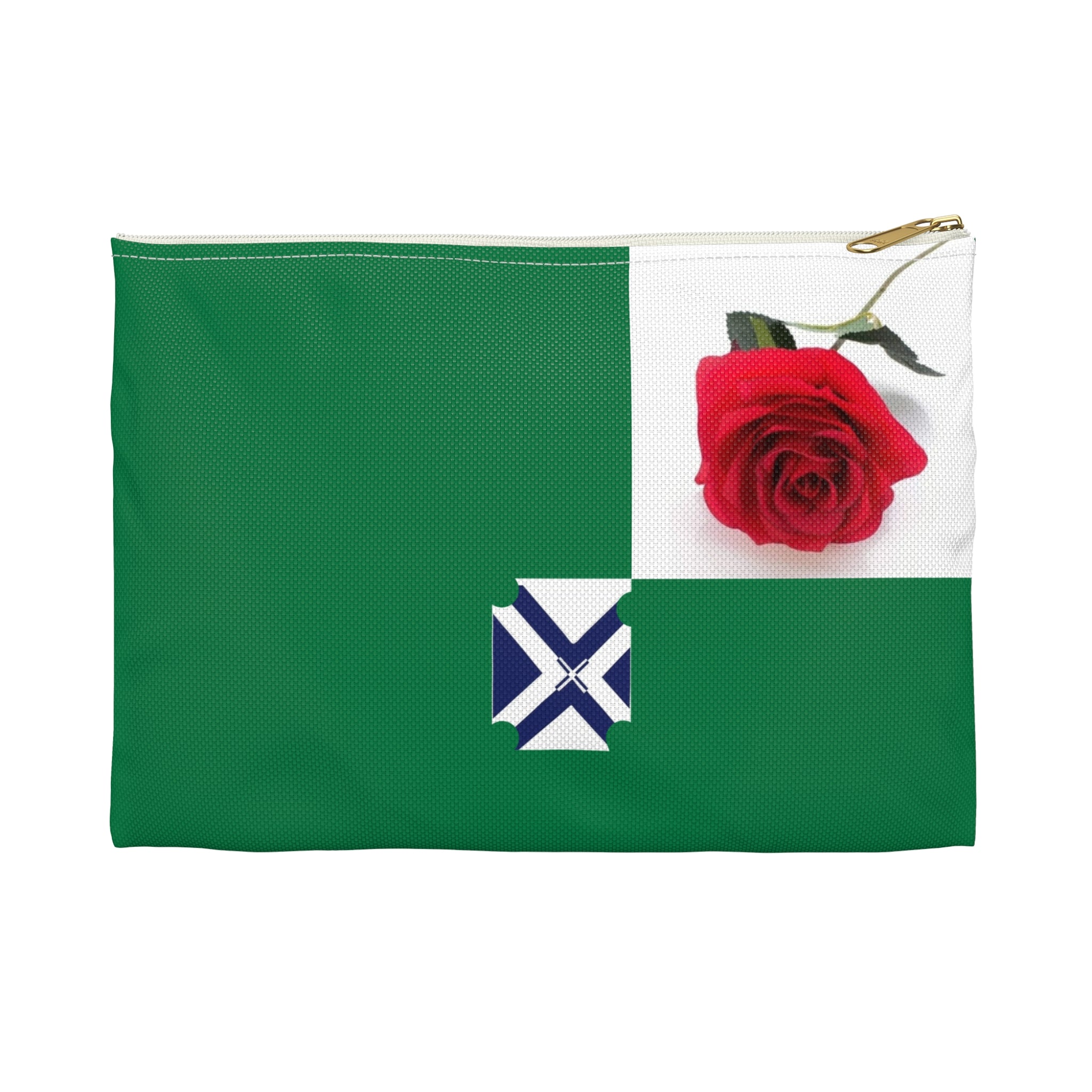 Green Rose Accessory Pouch — Floral Rose Zip Cosmetic Bag with Blue Cross Accent