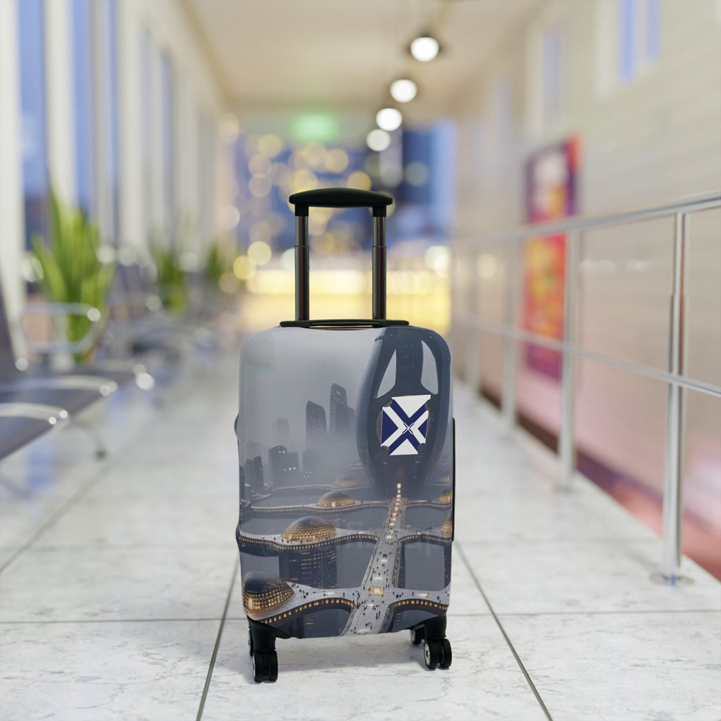 Cityscape Luggage Cover — Futuristic Night Skyline Travel Protector