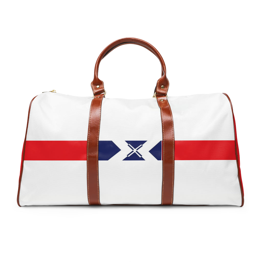 Waterproof Travel Bag — Nautical Red Stripe Weekend Duffle with X Emblem