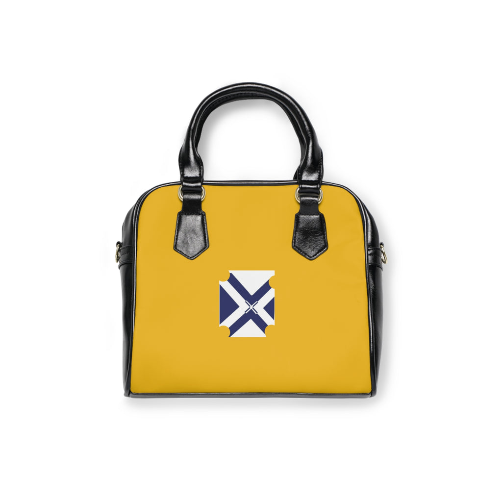 Yellow Shoulder Handbag with Blue Cross Emblem