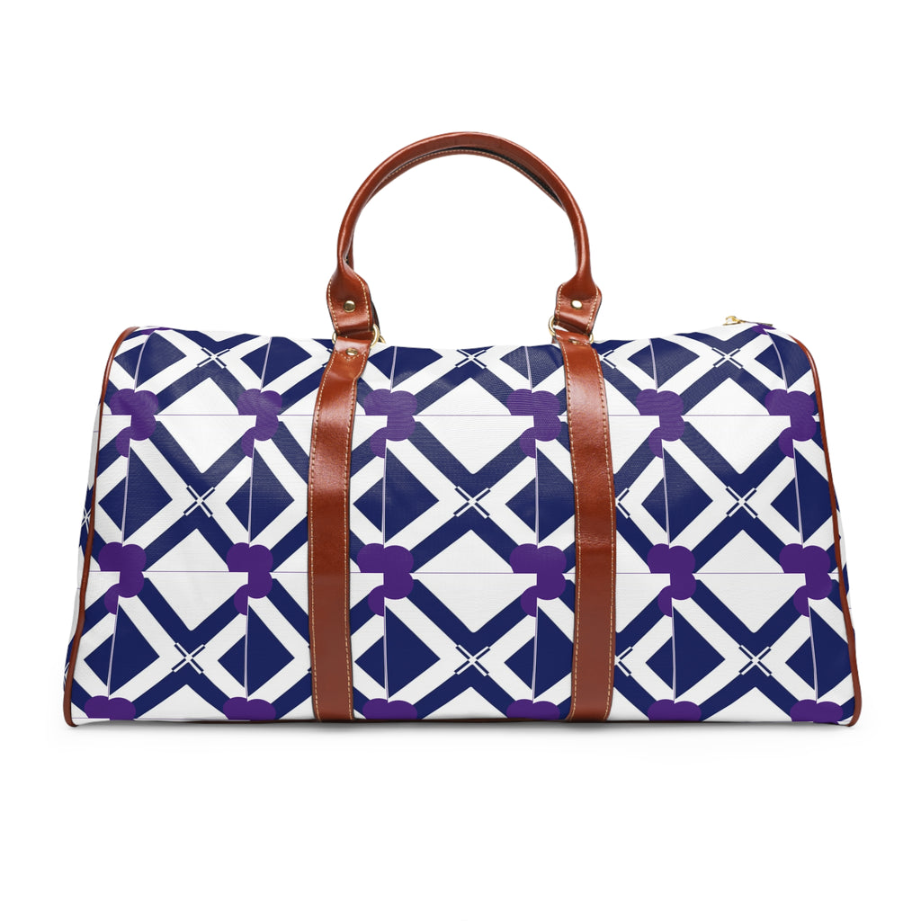 Waterproof Geo-Print Weekender Bag — Navy & Purple Travel Duffle