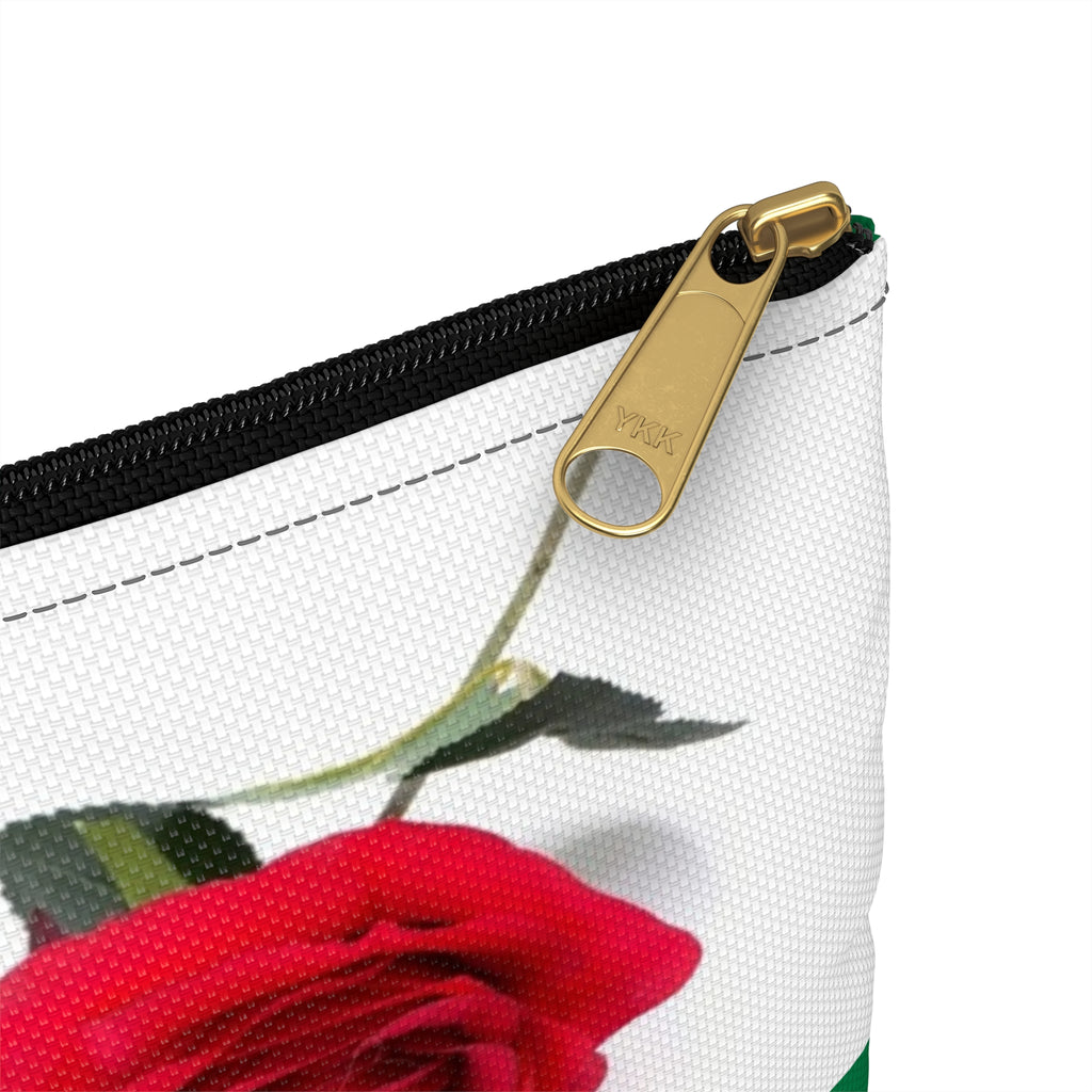 Green Rose Accessory Pouch — Red Rose Floral Zip Cosmetic Bag