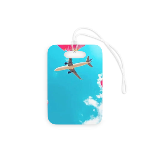 Airplane Sky Luggage Tag — Bright Blue Travel ID with Plane & Heart Balloons