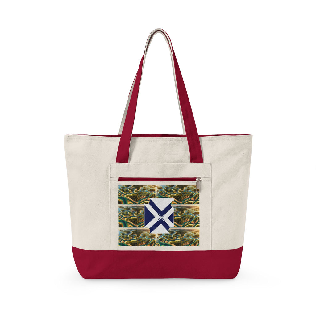 Canvas Tote Bag — Rustic Pine Forest Patch with Navy Saltire