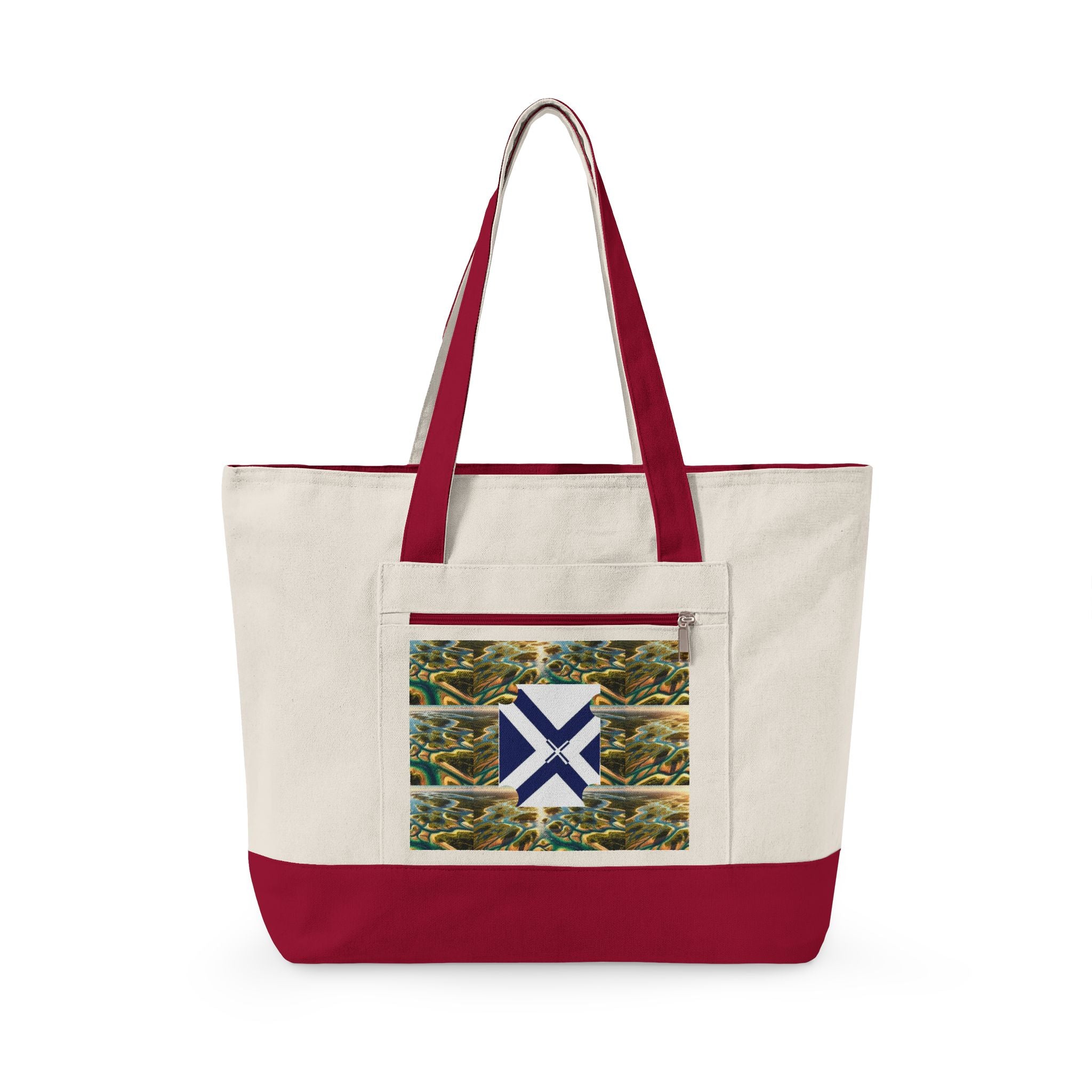 Canvas Tote Bag — Rustic Pine Forest Patch with Navy Saltire