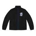 Men's Black Puffer Jacket with Blue Trim & Geometric Patch