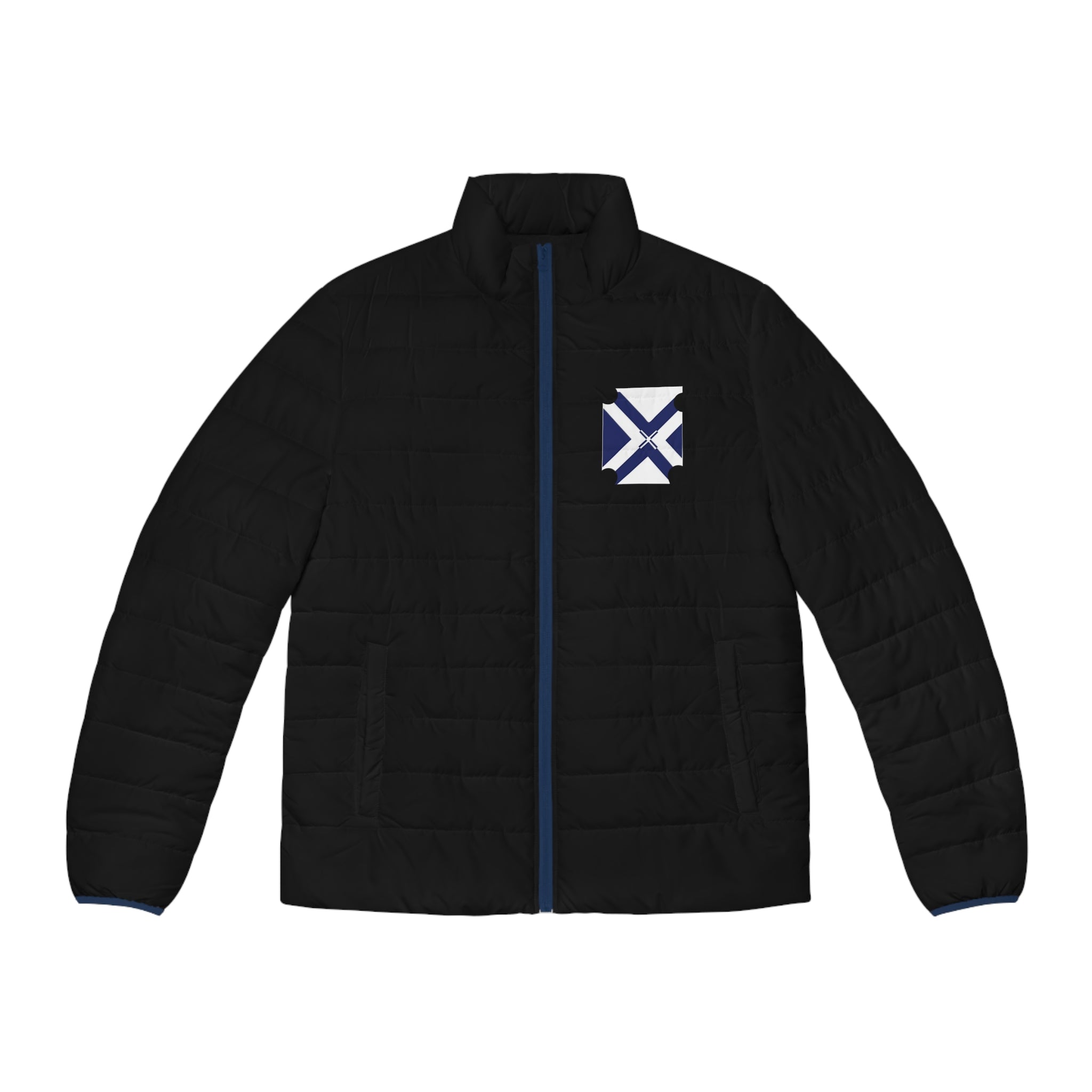 Men's Black Puffer Jacket with Blue Trim & Geometric Patch