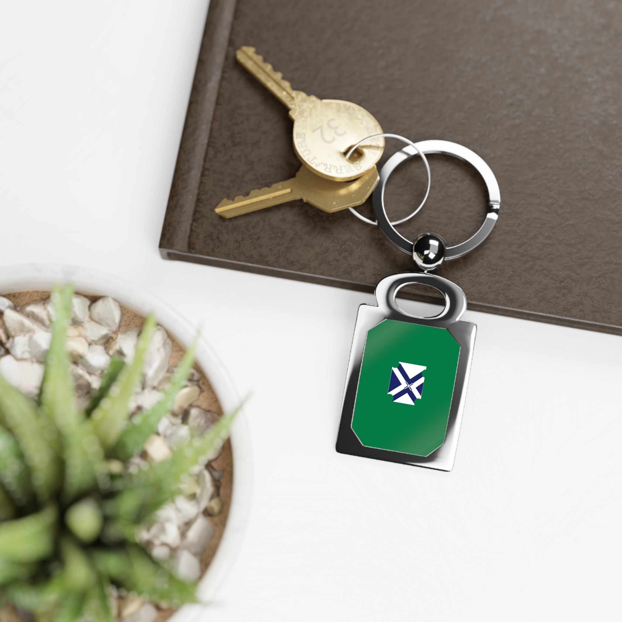Rectangle Photo Keyring — Custom Photo Metal Keychain with Green Crest Design