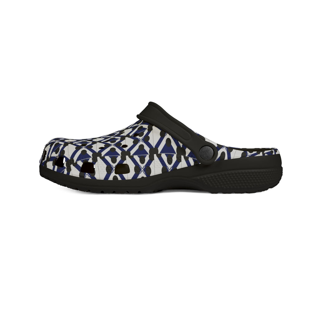 Patterned EVA Foam Clogs — Navy Geometric All-Over Print