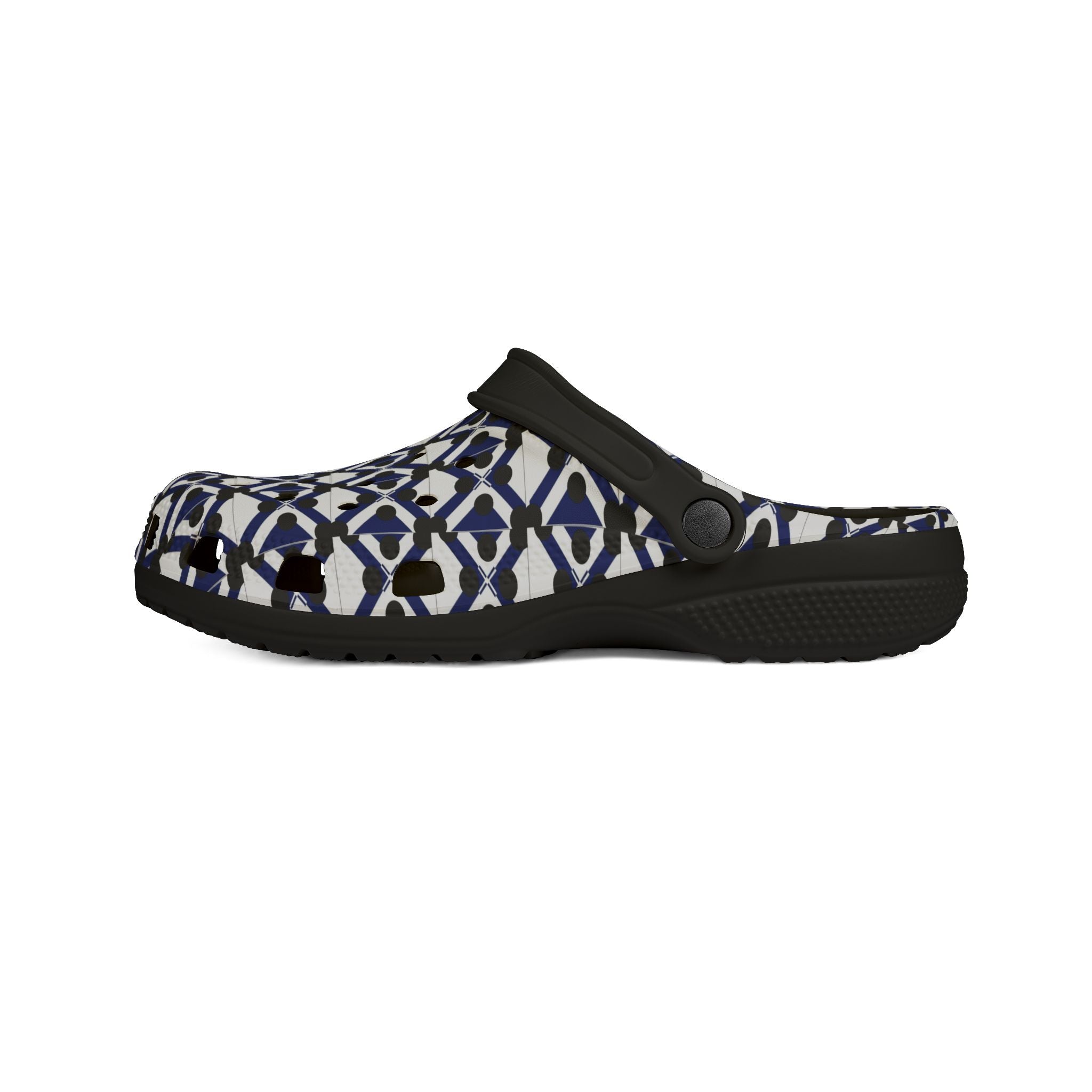 Patterned EVA Foam Clogs — Navy Geometric All-Over Print