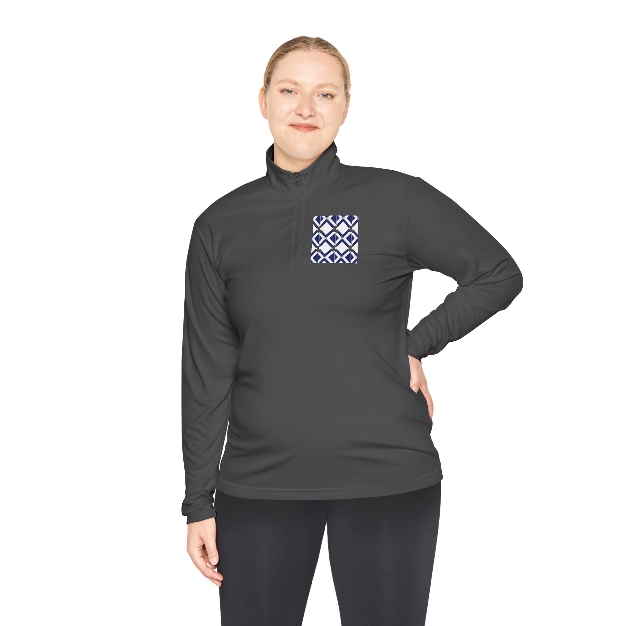 Quarter-Zip Pullover — Navy Geometric Tile Chest Graphic
