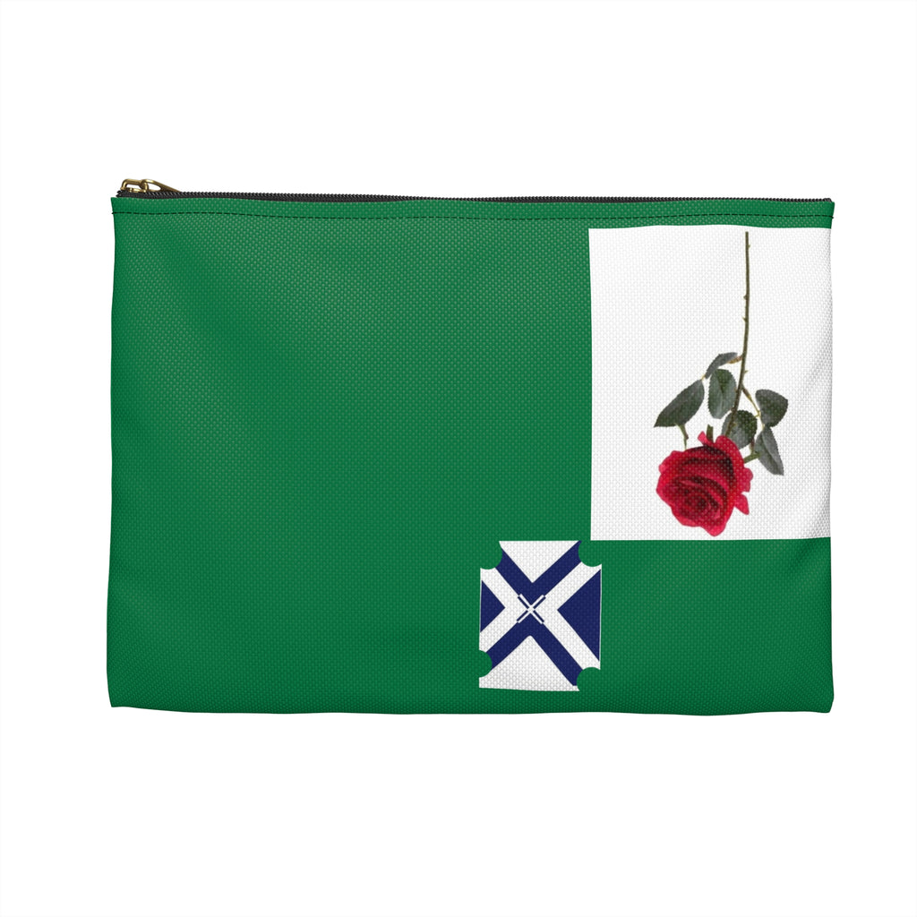 Green Rose Accessory Pouch — Floral Rose Zip Cosmetic Bag with Blue Cross Accent