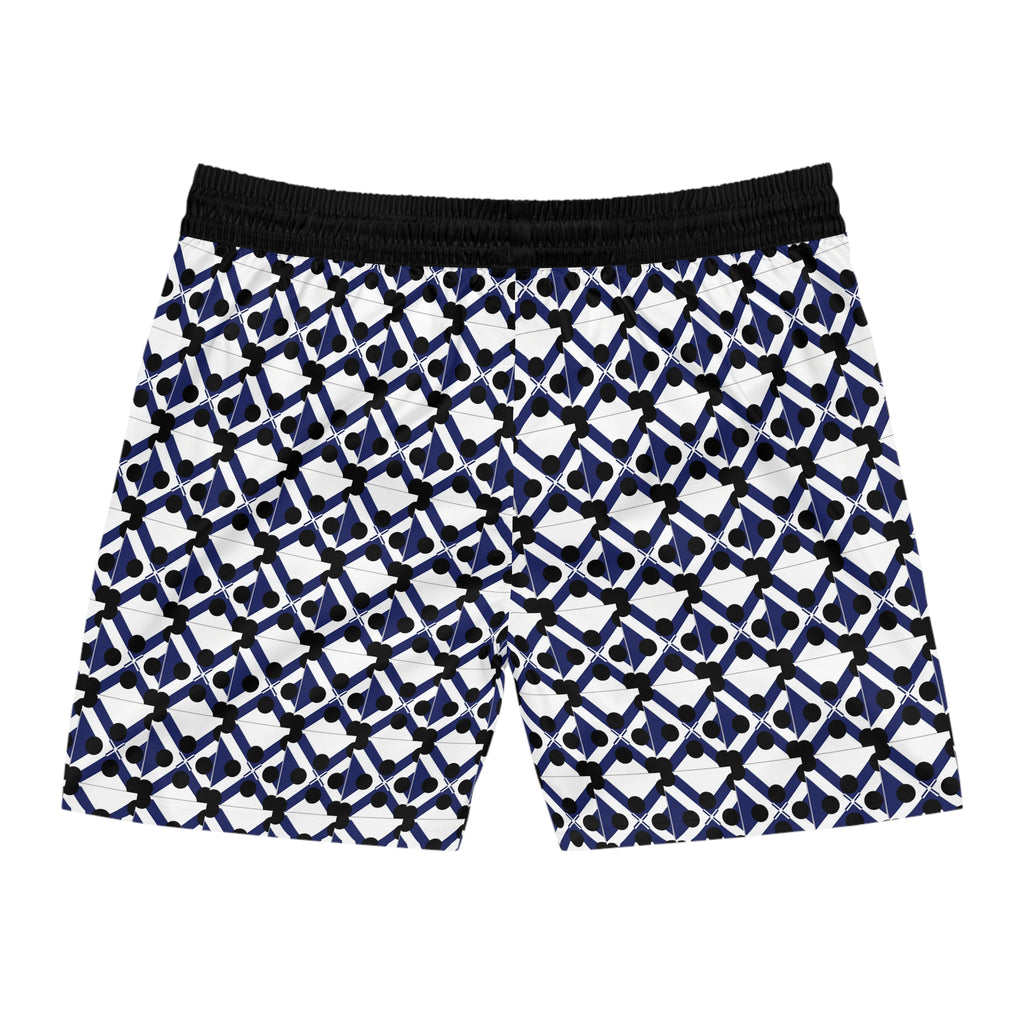 Men's Geometric Navy Lattice Swim Shorts — Mid-Length Beach Trunks