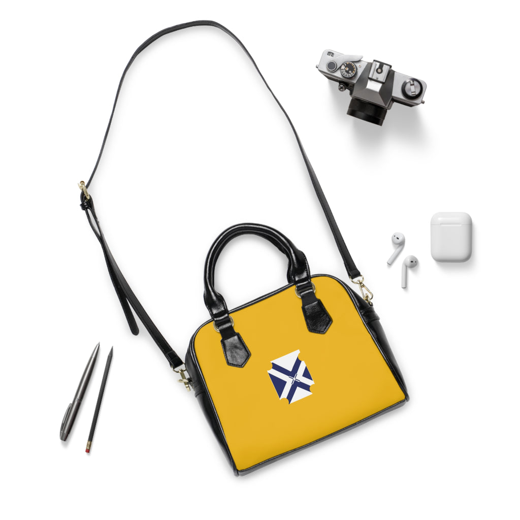 Yellow Shoulder Handbag with Blue Cross Emblem