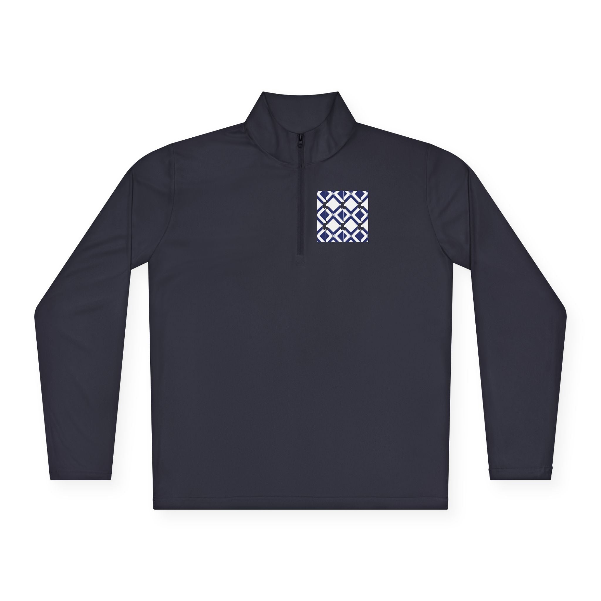 Quarter-Zip Pullover — Navy Geometric Tile Chest Graphic