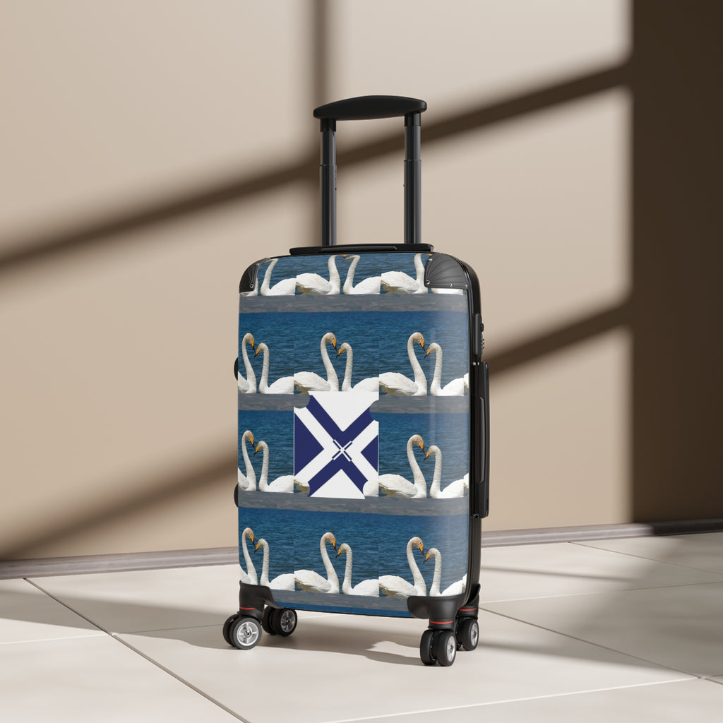 Swan Pattern Carry-On Suitcase — Nautical Blue Luggage Cover with Saltire Accent