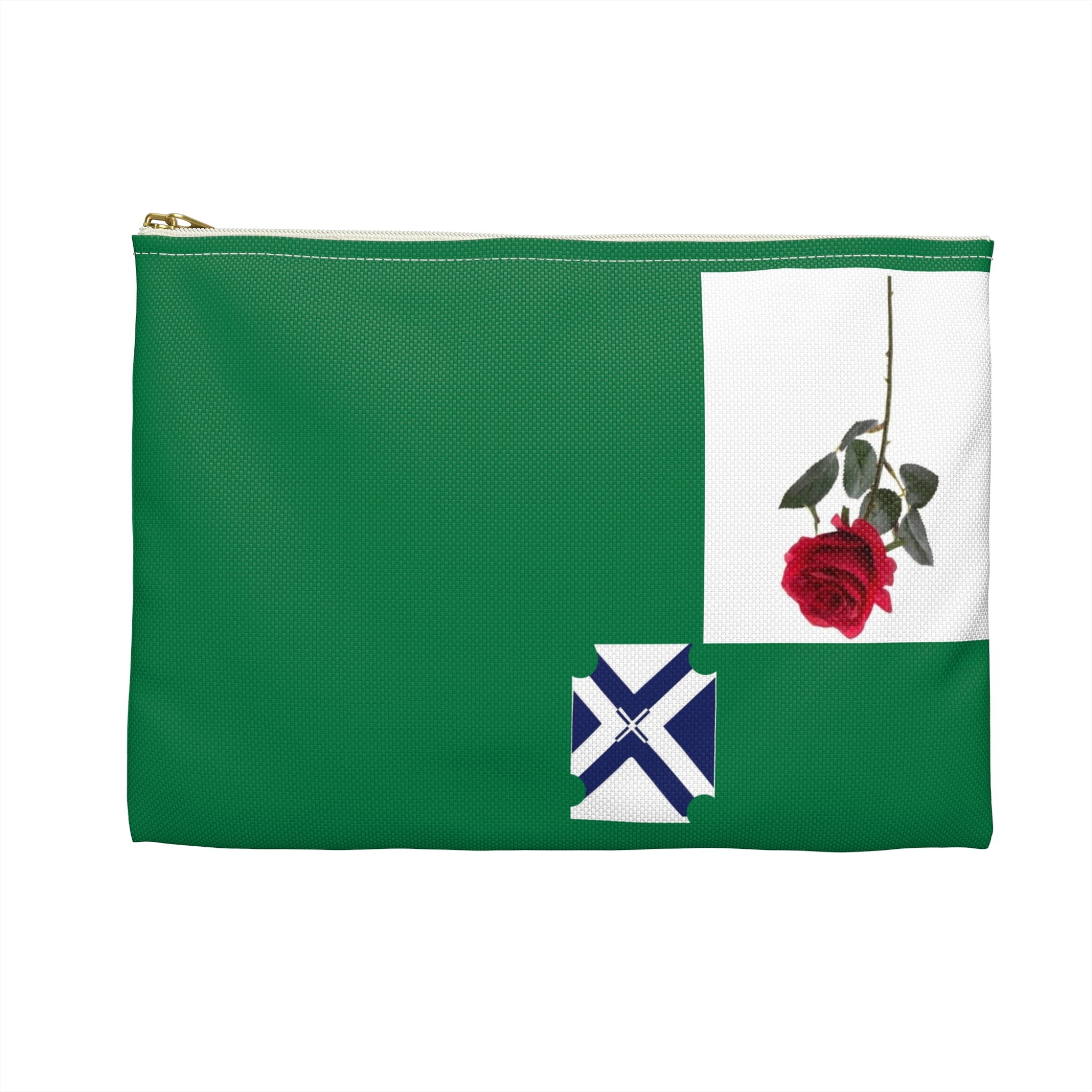 Green Rose Accessory Pouch — Floral Rose Zip Cosmetic Bag with Blue Cross Accent