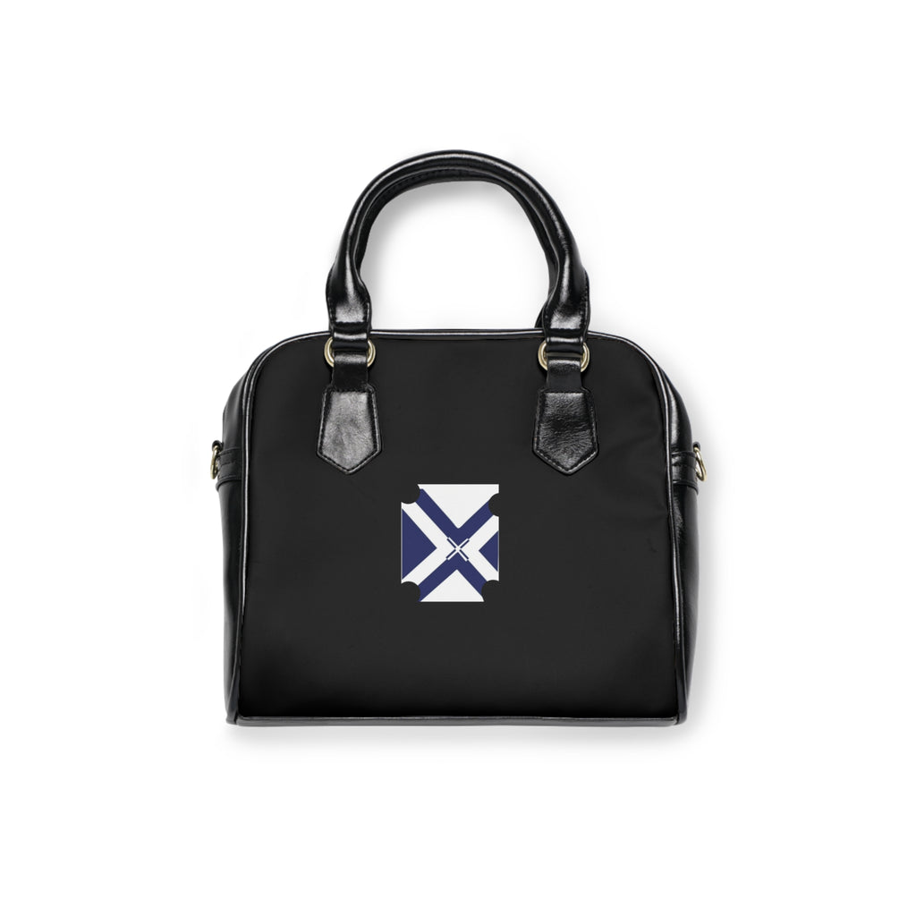 Black Shoulder Handbag with Minimalist Blue Geometric Cross Logo
